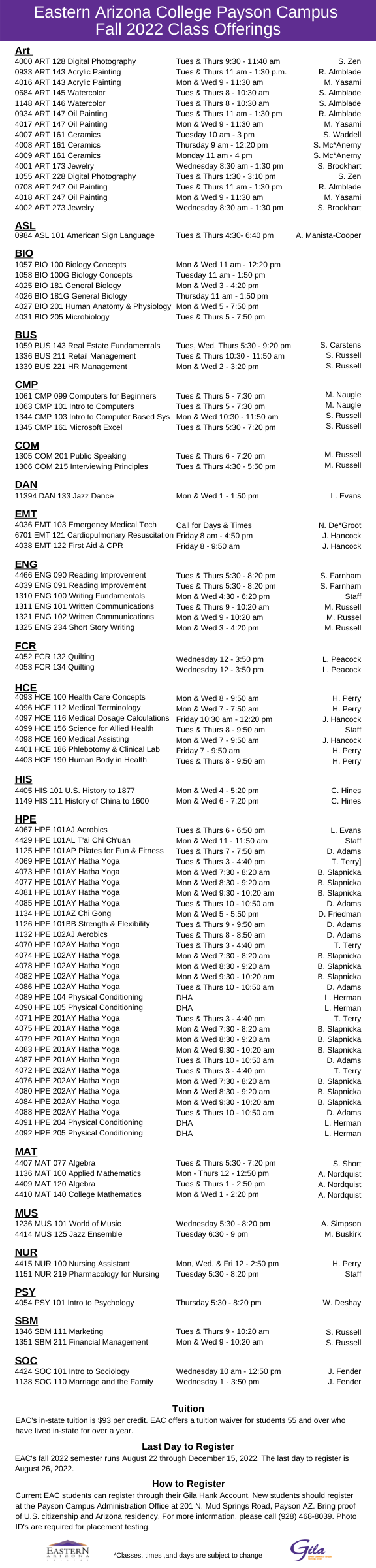 Payson Campus Schedule
